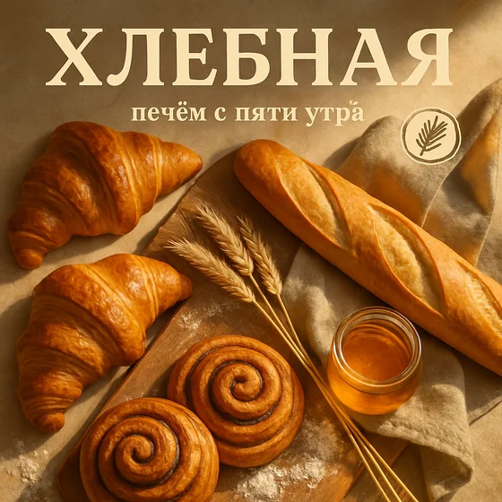Постер пекарни «Хлебная»: круассаны, багет, колосья и фирменный знак