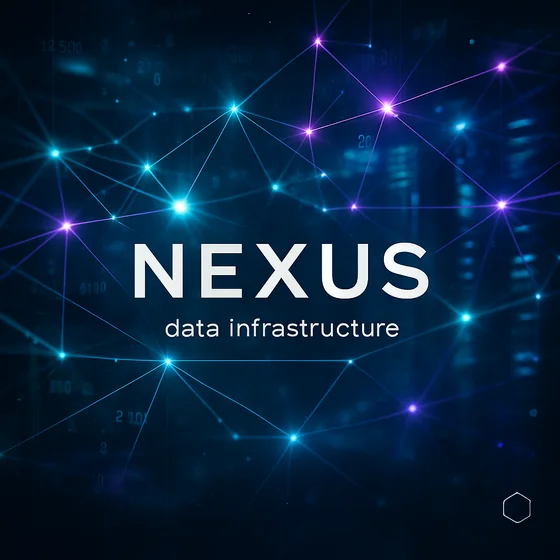 Тёмный постер «NEXUS»: светящаяся сеть узлов и серверные стойки
